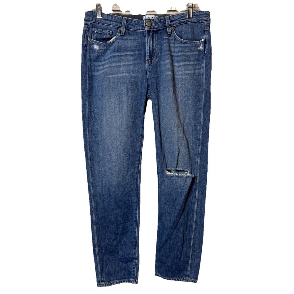 Paige Jeans Jimmy Jimmy Crop Distressed Knee Stretch Blue Denim Women’s Sz 27